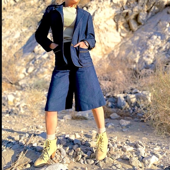 VTG 70s Dark Raw Denim Wide Leg Bermuda Shorts & Coordinated Blazer Set, sz 6/8 - Picture 13 of 16